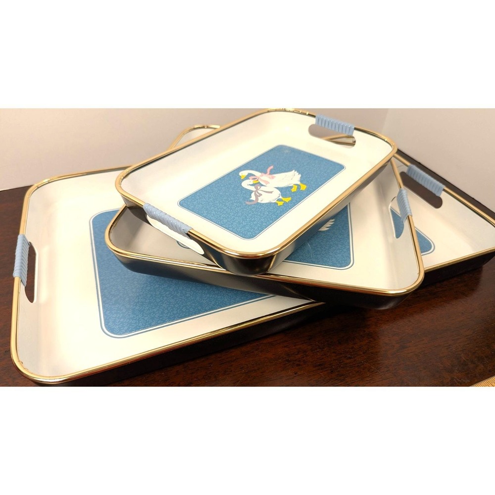 Vintage Made in Japan Serving Trays Ducks Geese Blue Gold Trim Set of 3